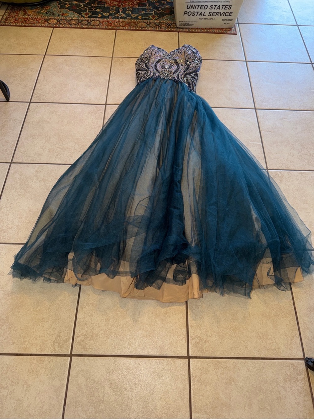 Teal Beaded Strapless Tulle Prom Gown Formal Dress Fairycore - Picture 5 of 13